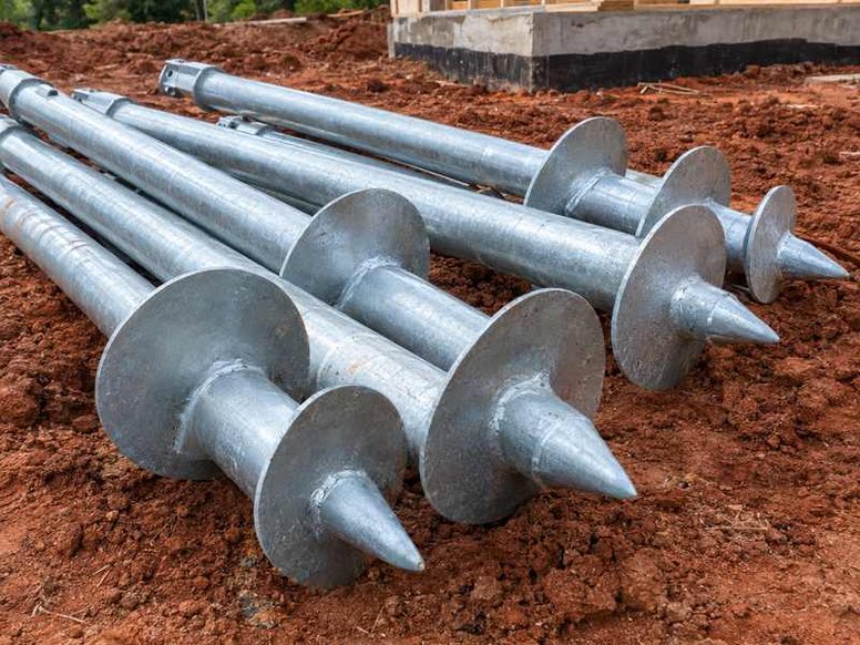 Helical pier screwed into the ground beside a foundation footing