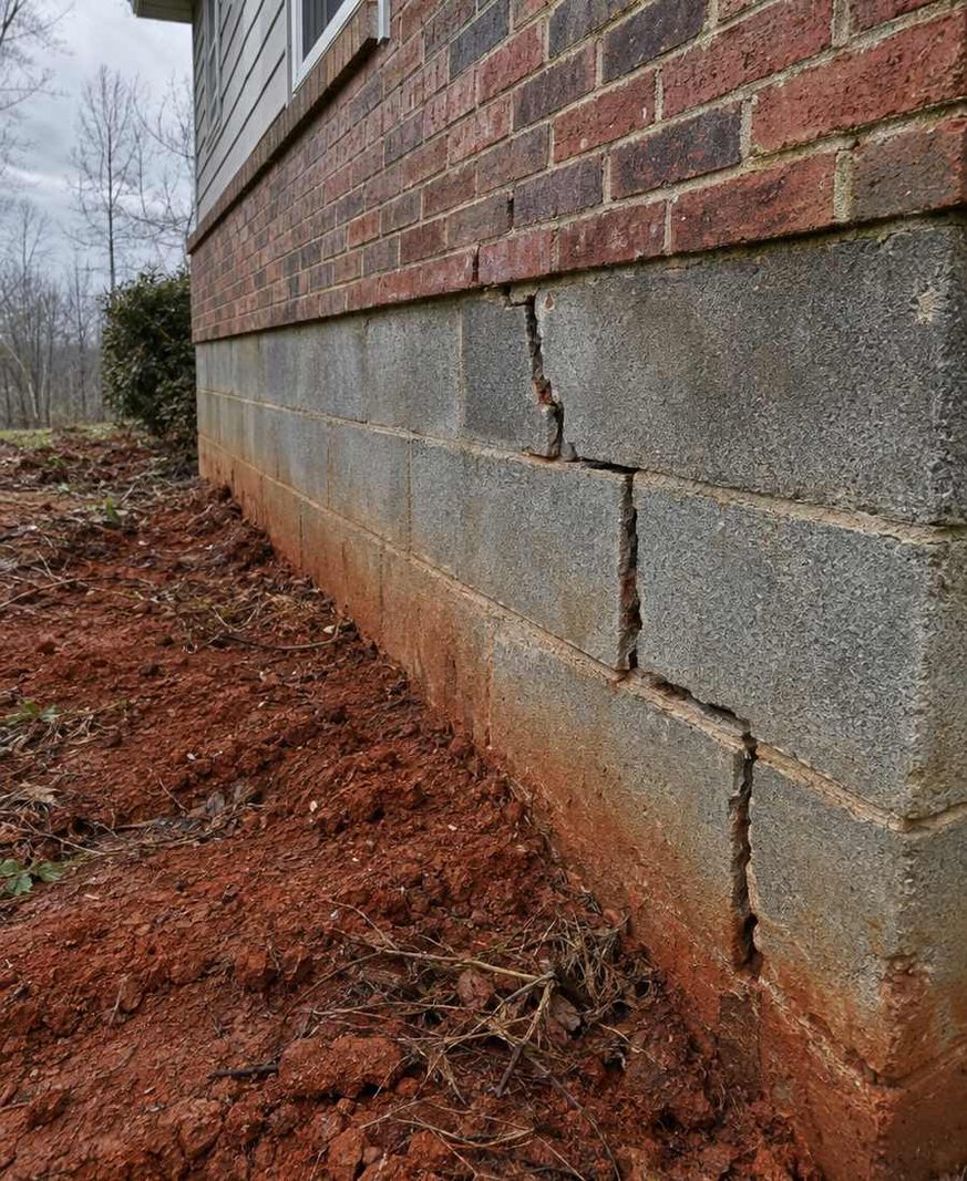 Cracked foundation wall and dry, shrinking red clay soil at a Charlotte home
